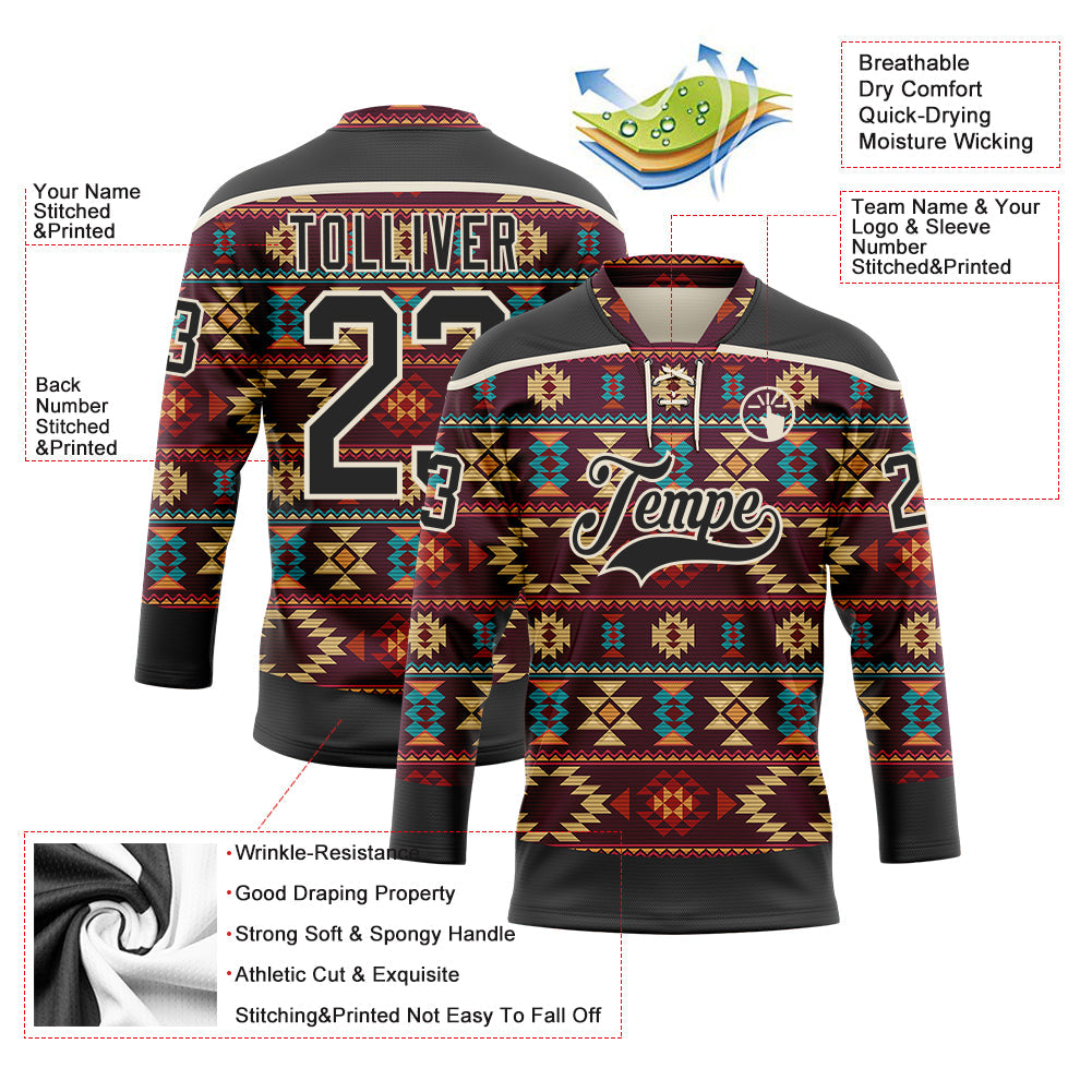 Custom Black Cream 3D Pattern Native Americans Tribal Indigenous People Hockey Lace Neck Jersey view 5