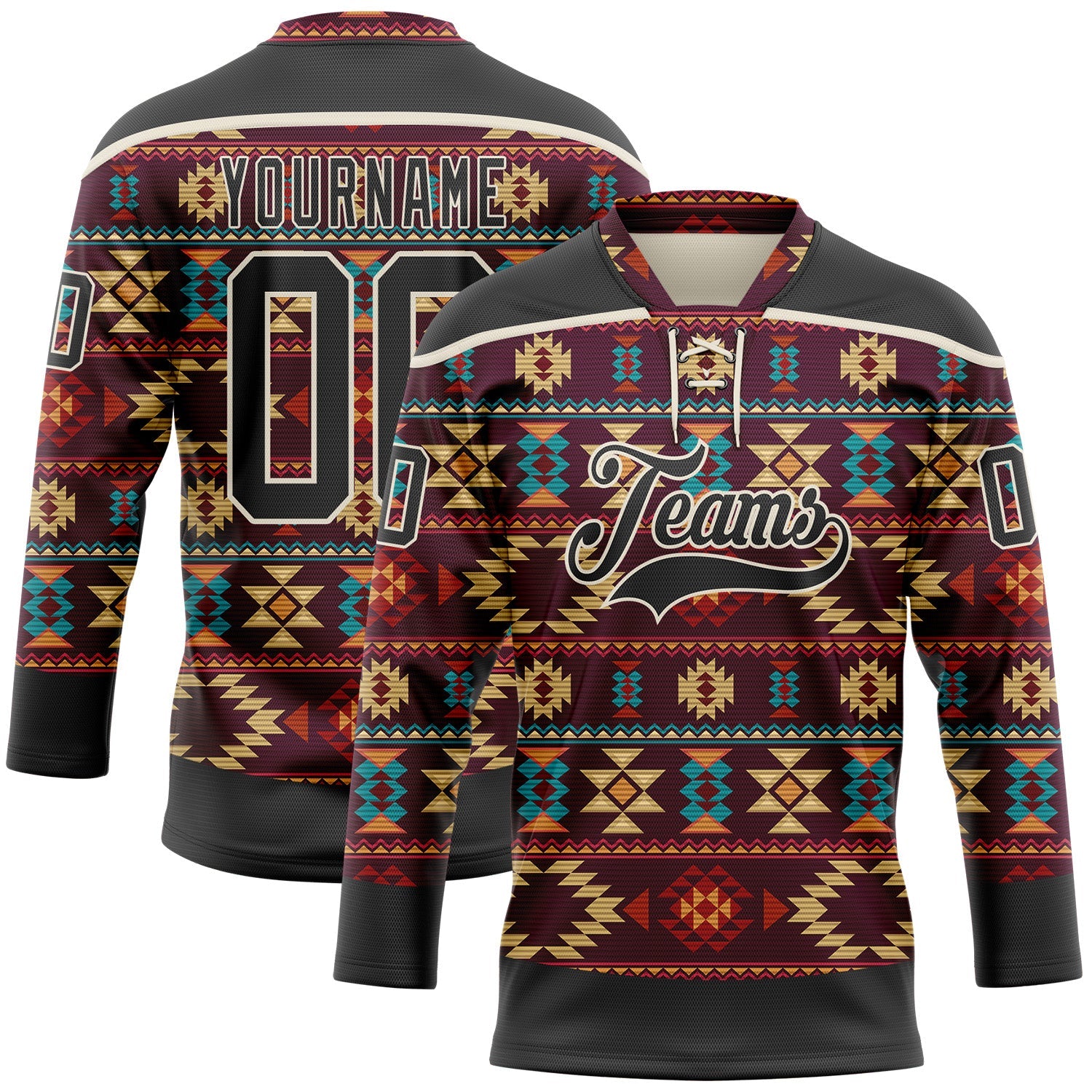Custom Black Cream 3D Pattern Native Americans Tribal Indigenous People Hockey Lace Neck Jersey - Main View