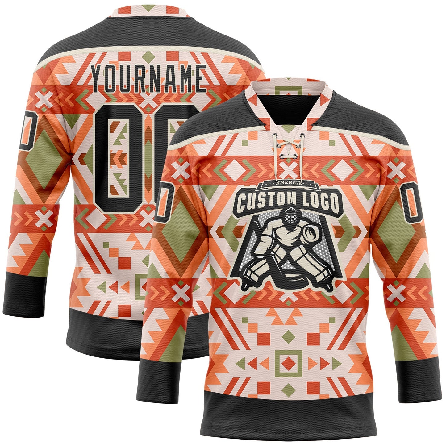 Custom Cream Black-Orange 3D Pattern Native Americans Tribal Indigenous People Hockey Lace Neck Jersey view 2