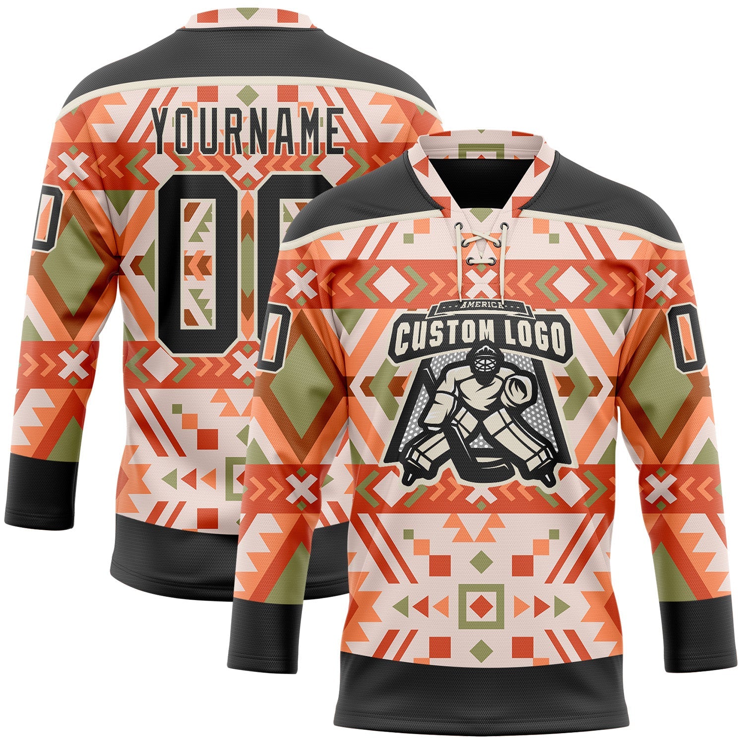 Custom Cream Black-Orange 3D Pattern Native Americans Tribal Indigenous People Hockey Lace Neck Jersey view 2