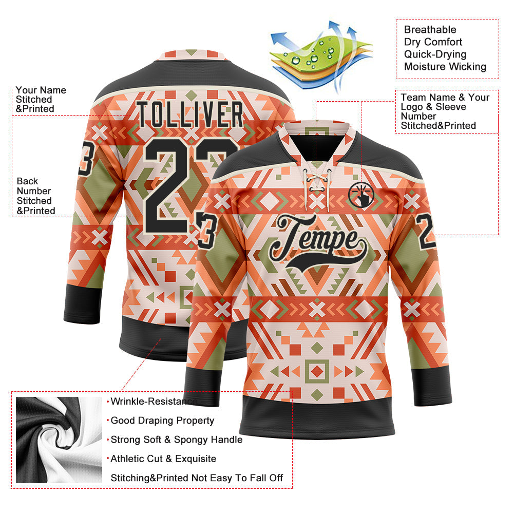 Custom Cream Black-Orange 3D Pattern Native Americans Tribal Indigenous People Hockey Lace Neck Jersey view 5