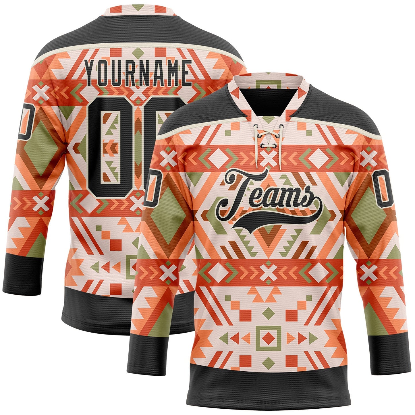 Custom Cream Black-Orange 3D Pattern Native Americans Tribal Indigenous People Hockey Lace Neck Jersey - Main View