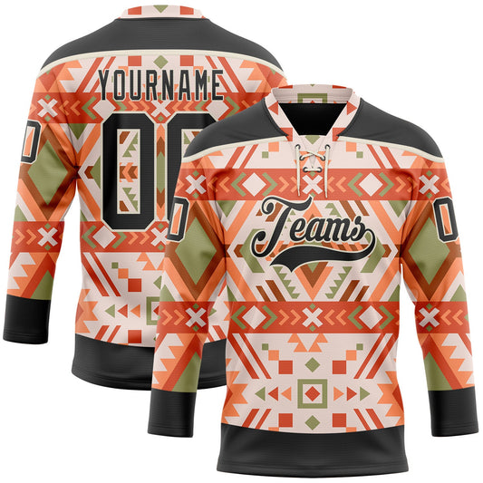 Custom Cream Black-Orange 3D Pattern Native Americans Tribal Indigenous People Hockey Lace Neck Jersey - Main View