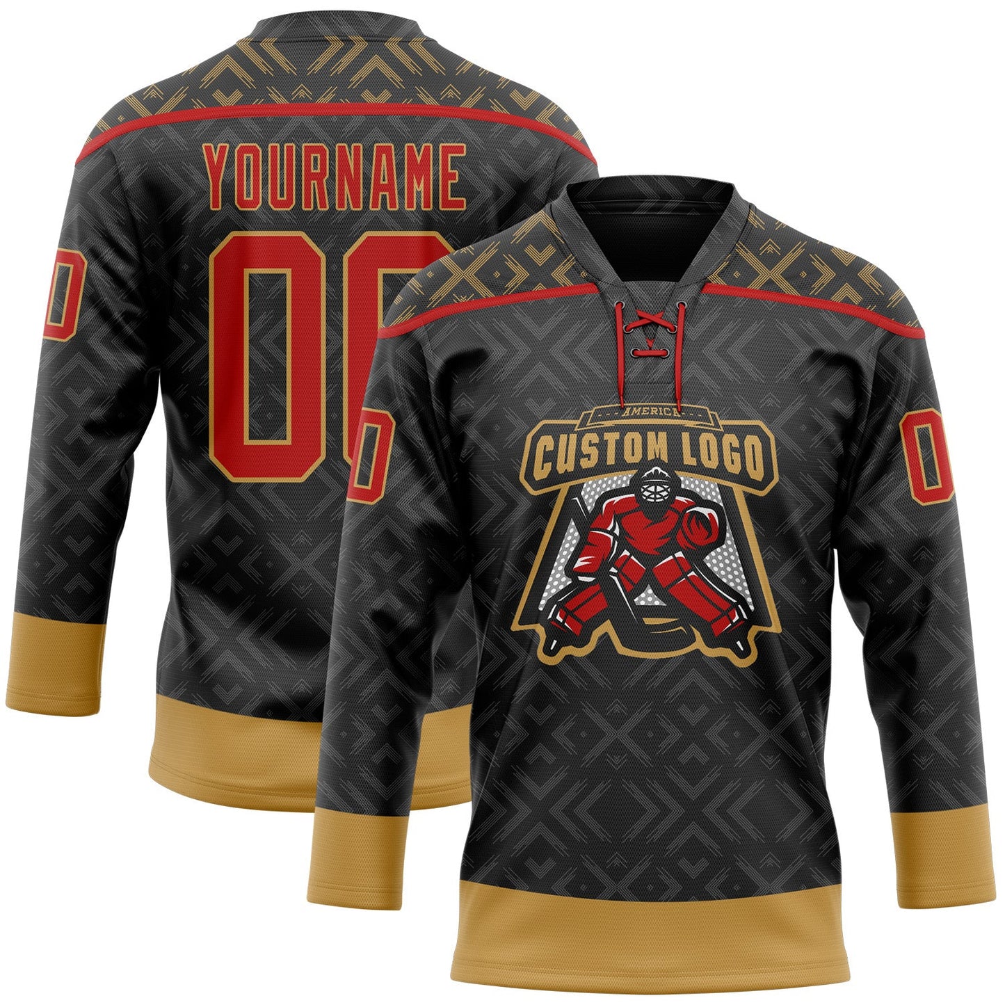 Custom Black Red-Old Gold 3D Pattern Native Americans Tribal Indigenous People Hockey Lace Neck Jersey view 2