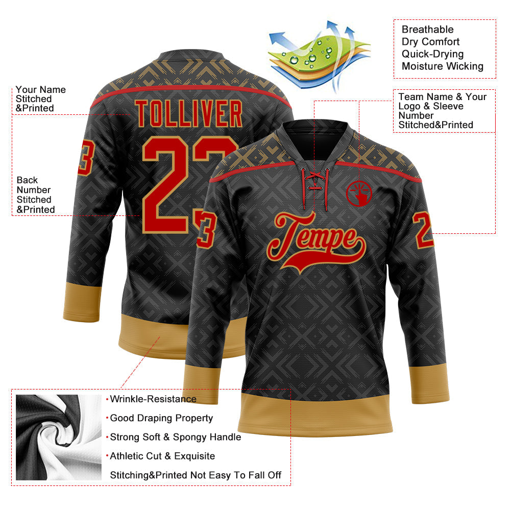 Custom Black Red-Old Gold 3D Pattern Native Americans Tribal Indigenous People Hockey Lace Neck Jersey view 5