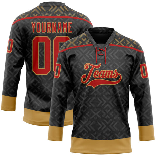 Custom Black Red-Old Gold 3D Pattern Native Americans Tribal Indigenous People Hockey Lace Neck Jersey - Main View