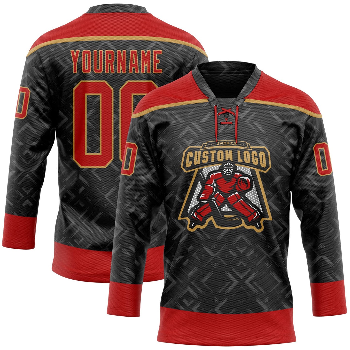 Custom Black Red-Old Gold 3D Pattern Native Americans Tribal Indigenous People Hockey Lace Neck Jersey view 2