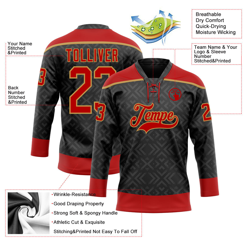 Custom Black Red-Old Gold 3D Pattern Native Americans Tribal Indigenous People Hockey Lace Neck Jersey view 5