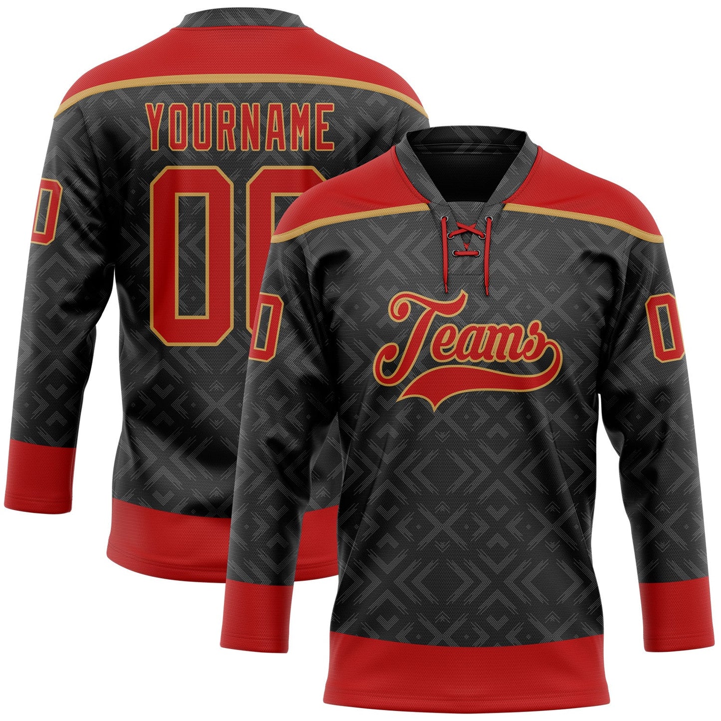 Custom Black Red-Old Gold 3D Pattern Native Americans Tribal Indigenous People Hockey Lace Neck Jersey - Main View
