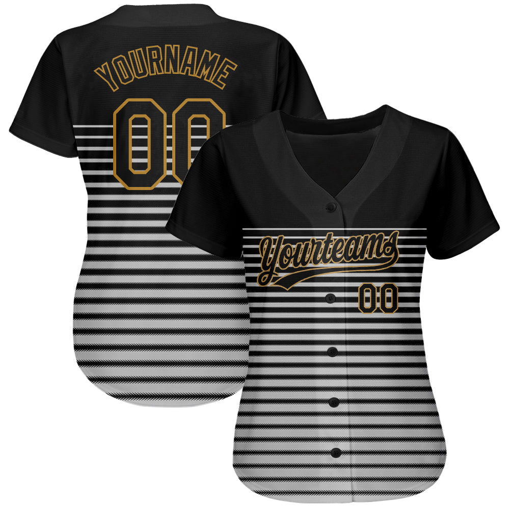 Custom Black Black Old Gold-Gray 3D Pattern Design Authentic Baseball Jersey view 2