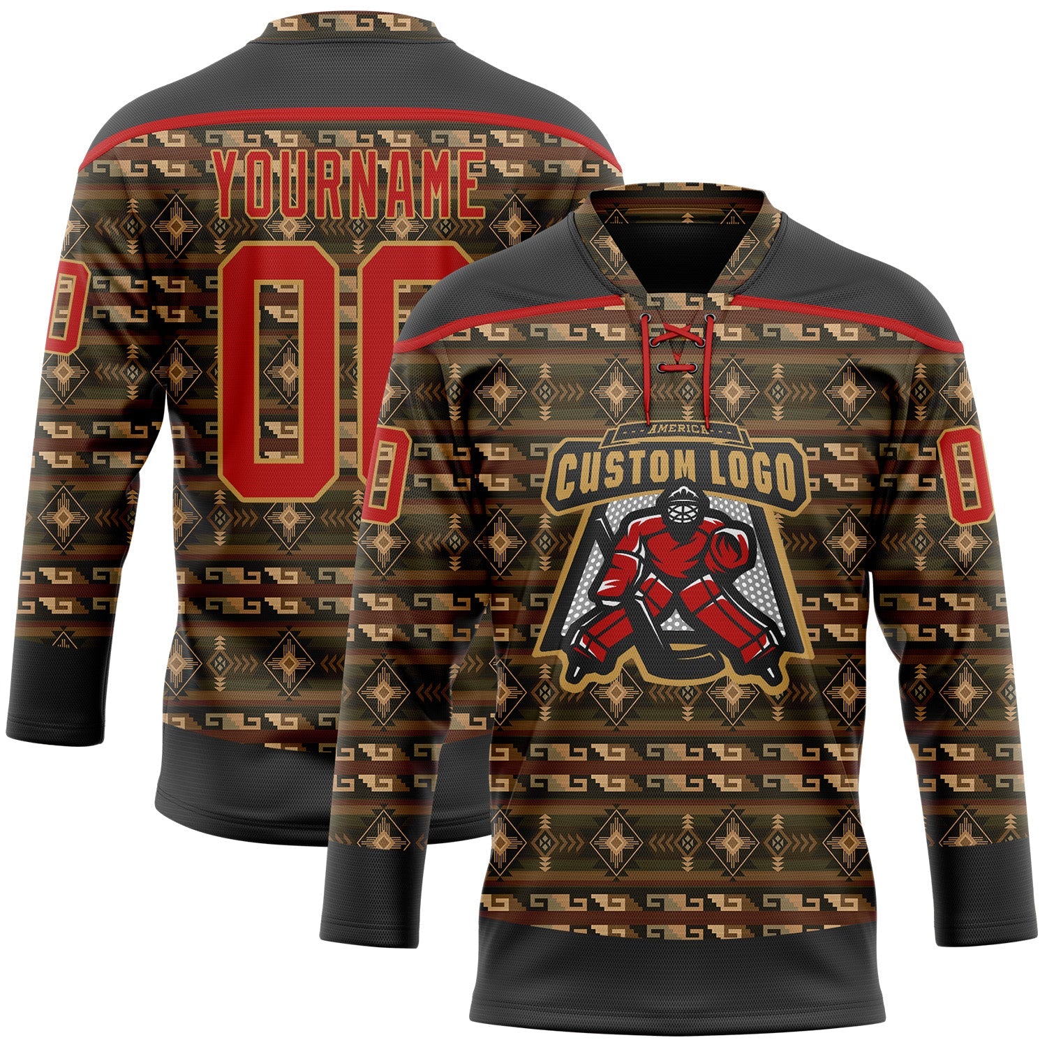 Custom Black Red-Old Gold 3D Pattern Native Americans Tribal Indigenous People Hockey Lace Neck Jersey view 2