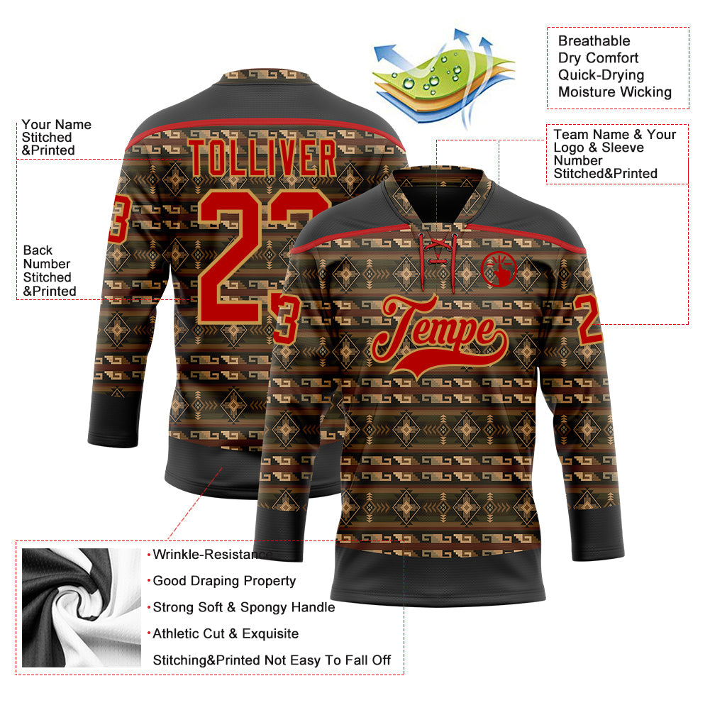 Custom Black Red-Old Gold 3D Pattern Native Americans Tribal Indigenous People Hockey Lace Neck Jersey view 5