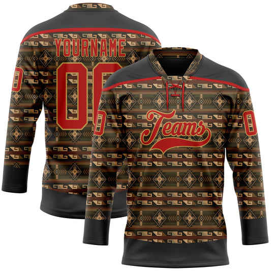 Custom Black Red-Old Gold 3D Pattern Native Americans Tribal Indigenous People Hockey Lace Neck Jersey - Main View