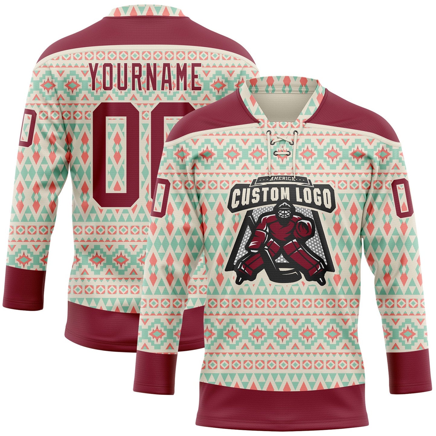 Custom Cream Crimson 3D Pattern Native Americans Tribal Indigenous People Hockey Lace Neck Jersey view 2