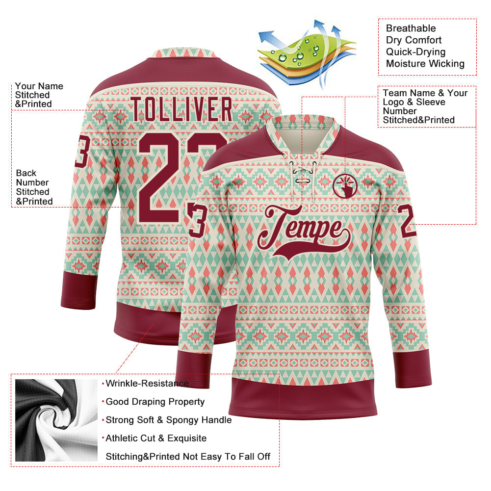 Custom Cream Crimson 3D Pattern Native Americans Tribal Indigenous People Hockey Lace Neck Jersey view 5