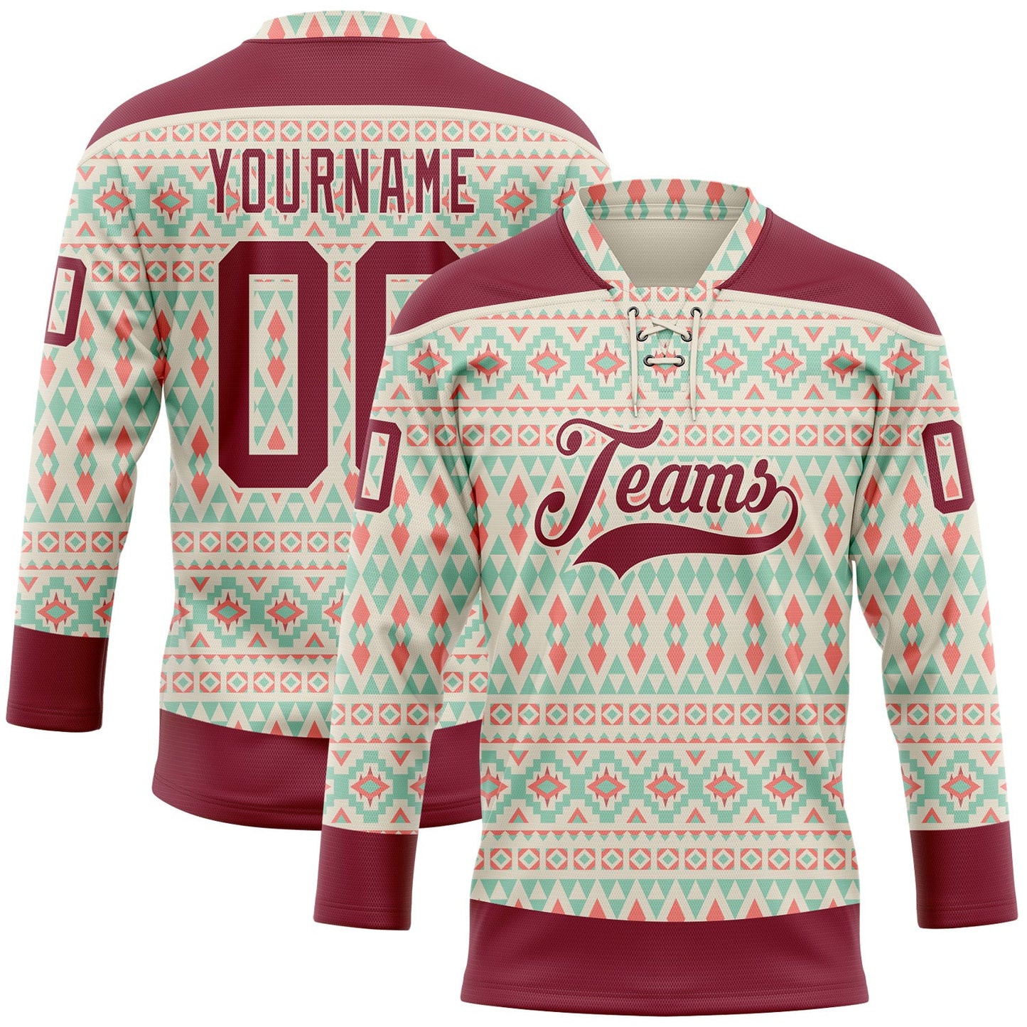 Custom Cream Crimson 3D Pattern Native Americans Tribal Indigenous People Hockey Lace Neck Jersey - Main View