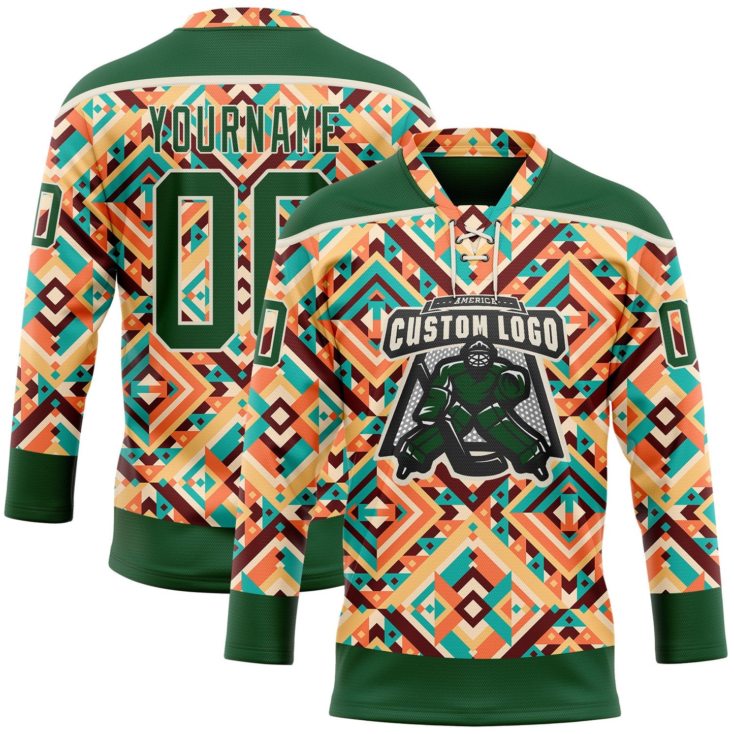 Custom Green Cream 3D Pattern Native Americans Tribal Indigenous People Hockey Lace Neck Jersey view 2