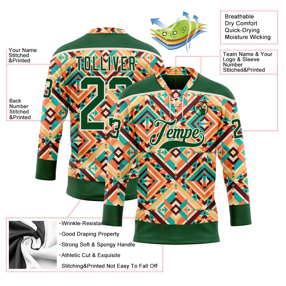 Custom Green Cream 3D Pattern Native Americans Tribal Indigenous People Hockey Lace Neck Jersey view 5