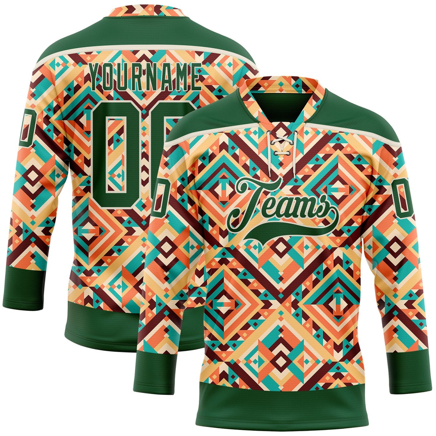 Custom Green Cream 3D Pattern Native Americans Tribal Indigenous People Hockey Lace Neck Jersey - Main View