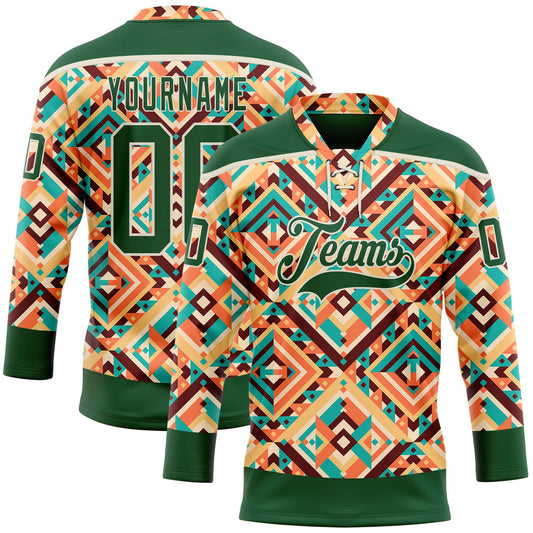 Custom Green Cream 3D Pattern Native Americans Tribal Indigenous People Hockey Lace Neck Jersey - Main View