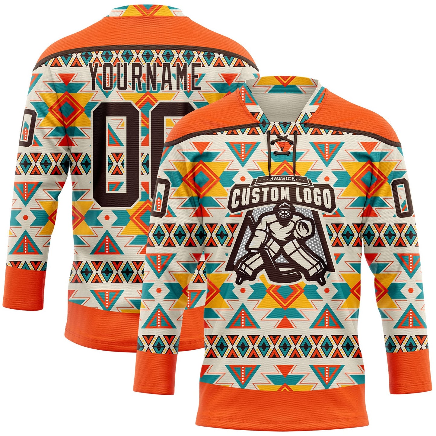 Custom Cream Brown-Orange 3D Pattern Native Americans Tribal Indigenous People Hockey Lace Neck Jersey view 2