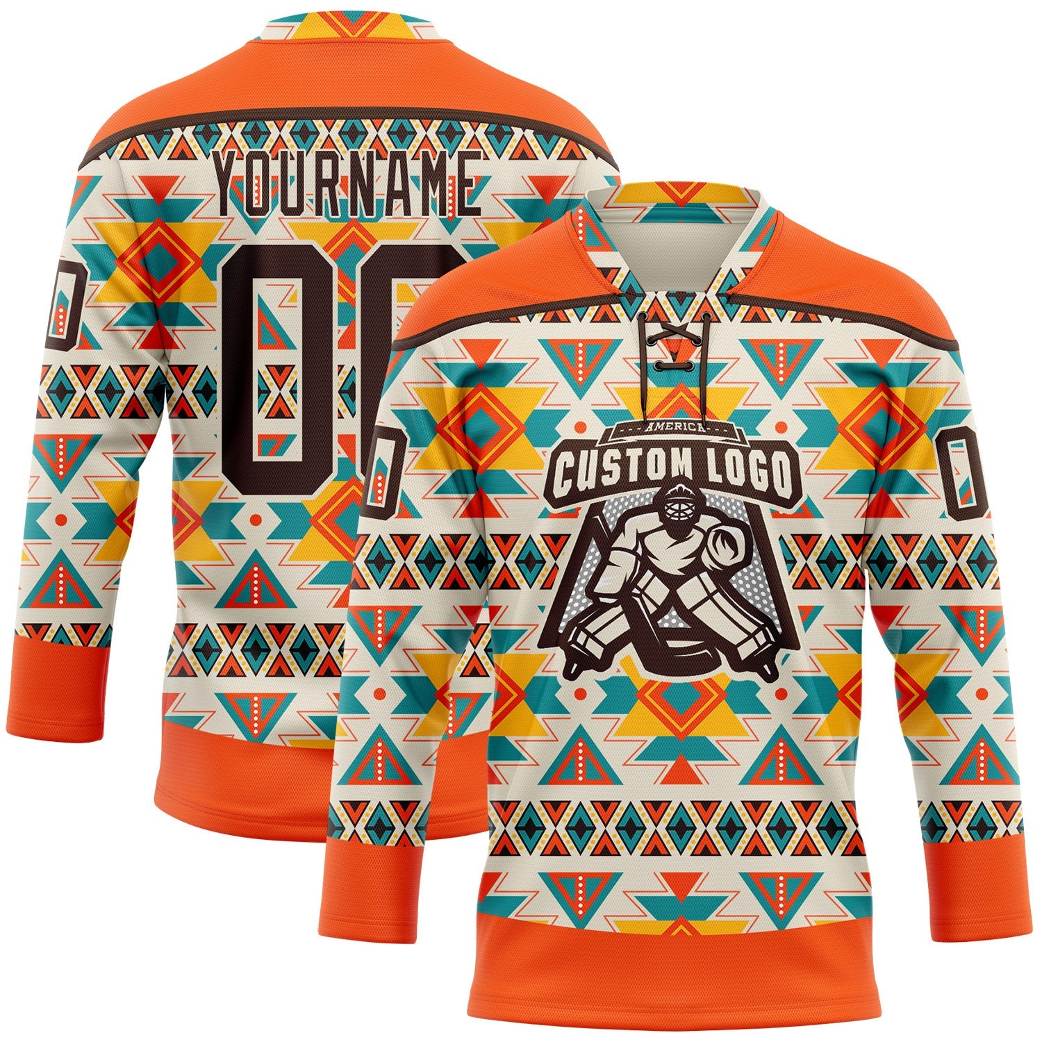 Custom Cream Brown-Orange 3D Pattern Native Americans Tribal Indigenous People Hockey Lace Neck Jersey view 2