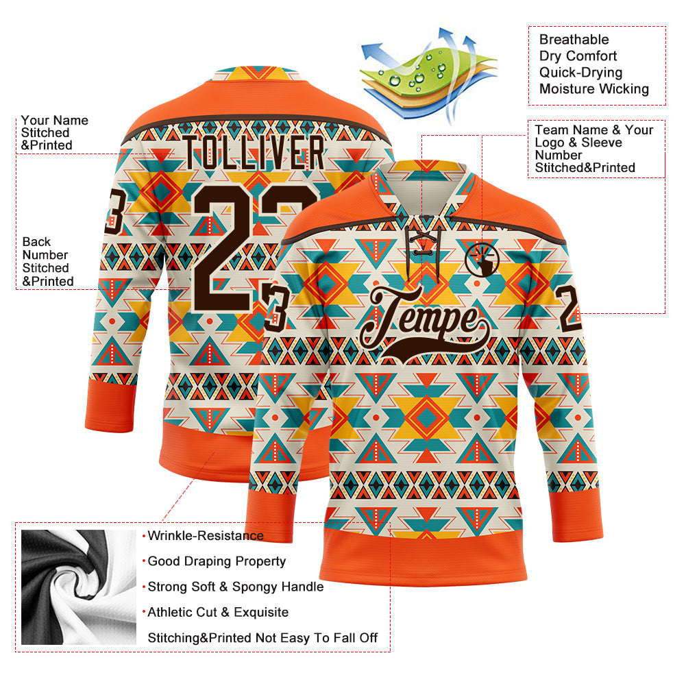 Custom Cream Brown-Orange 3D Pattern Native Americans Tribal Indigenous People Hockey Lace Neck Jersey view 5
