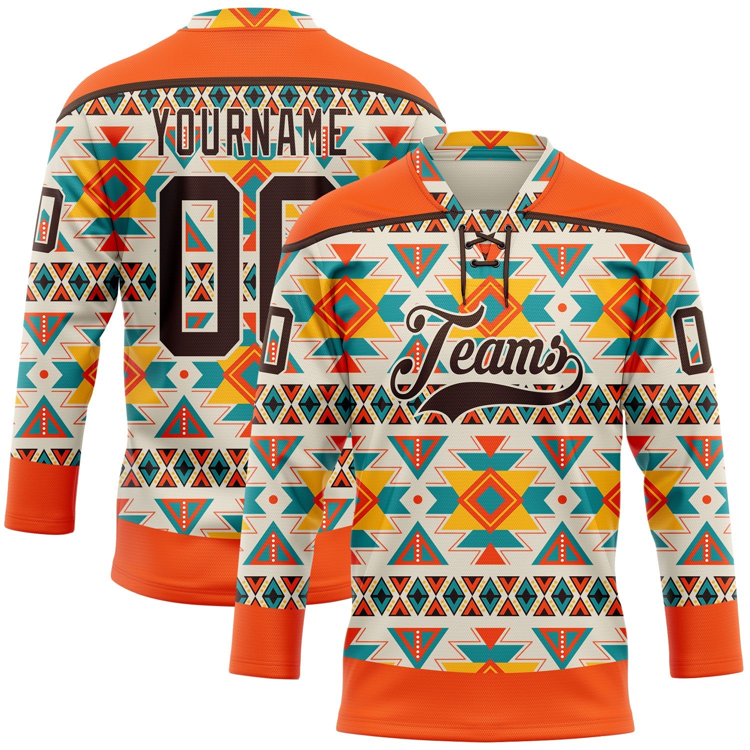 Custom Cream Brown-Orange 3D Pattern Native Americans Tribal Indigenous People Hockey Lace Neck Jersey - Main View