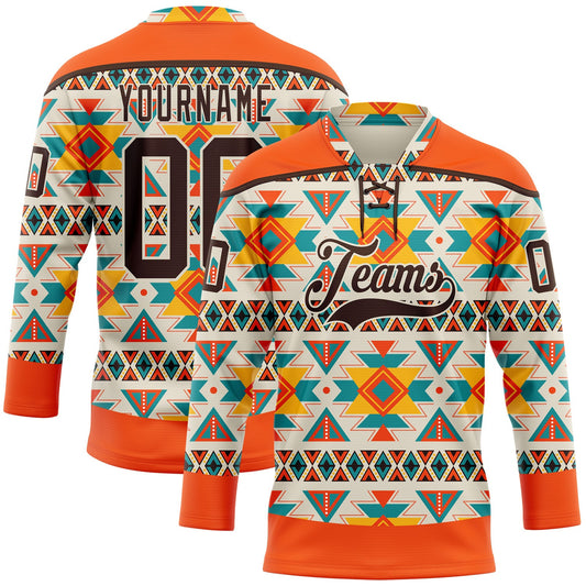 Custom Cream Brown-Orange 3D Pattern Native Americans Tribal Indigenous People Hockey Lace Neck Jersey - Main View