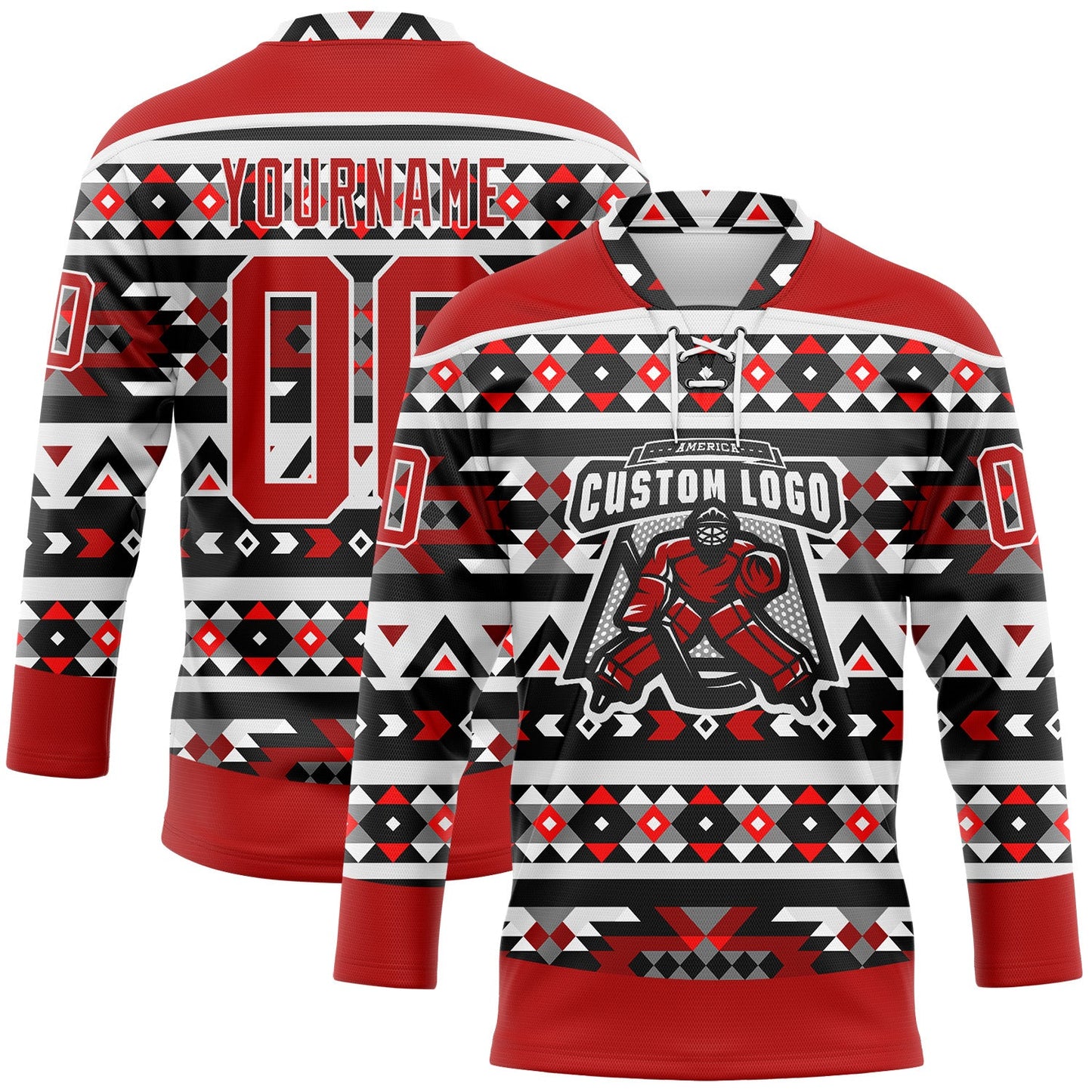 Custom Red Black-White 3D Pattern Native Americans Tribal Indigenous People Hockey Lace Neck Jersey view 2