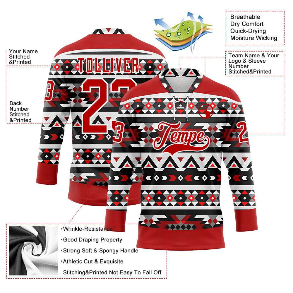 Custom Red Black-White 3D Pattern Native Americans Tribal Indigenous People Hockey Lace Neck Jersey view 5
