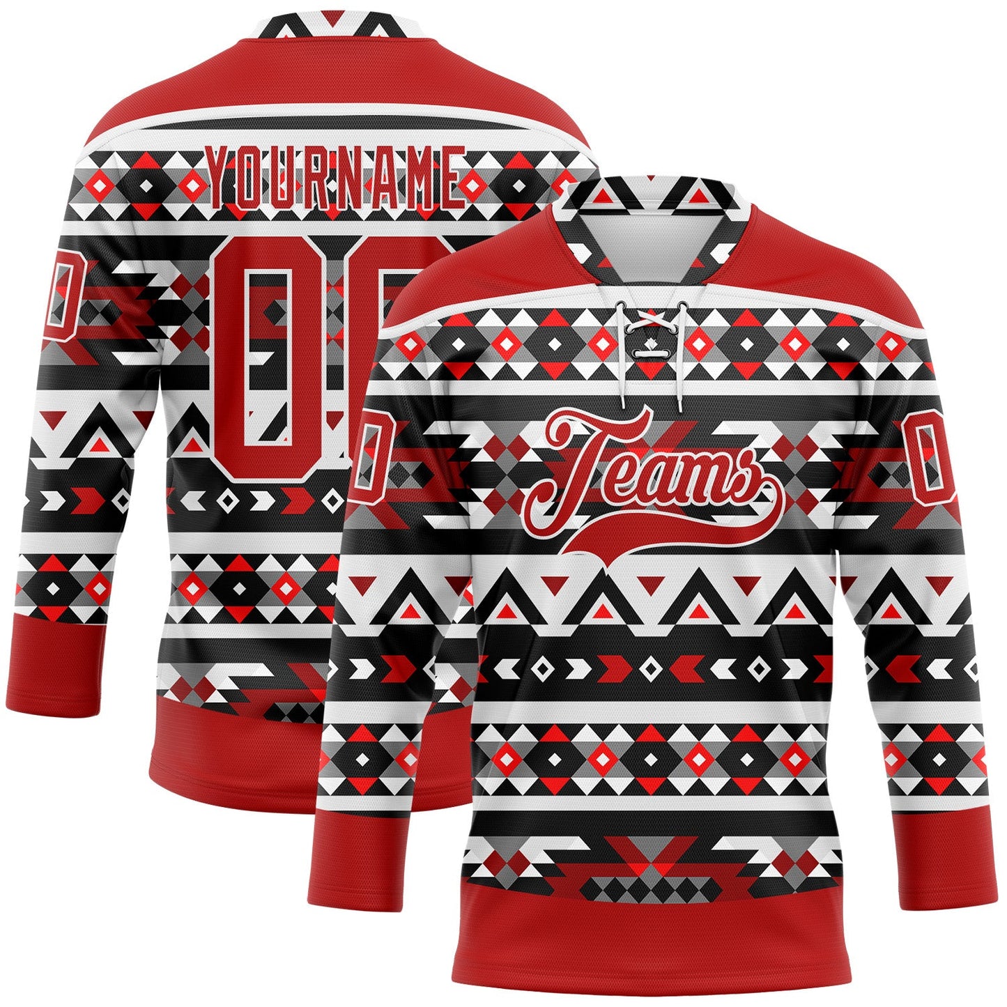 Custom Red Black-White 3D Pattern Native Americans Tribal Indigenous People Hockey Lace Neck Jersey - Main View
