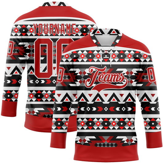 Custom Red Black-White 3D Pattern Native Americans Tribal Indigenous People Hockey Lace Neck Jersey - Main View