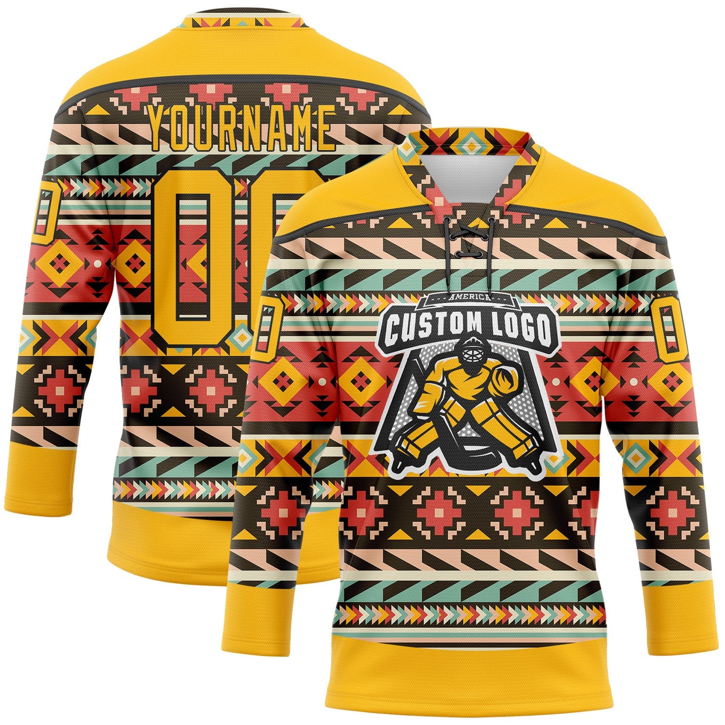 Custom Gold Black 3D Pattern Native Americans Tribal Indigenous People Hockey Lace Neck Jersey view 2