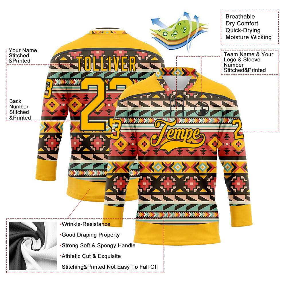 Custom Gold Black 3D Pattern Native Americans Tribal Indigenous People Hockey Lace Neck Jersey view 5