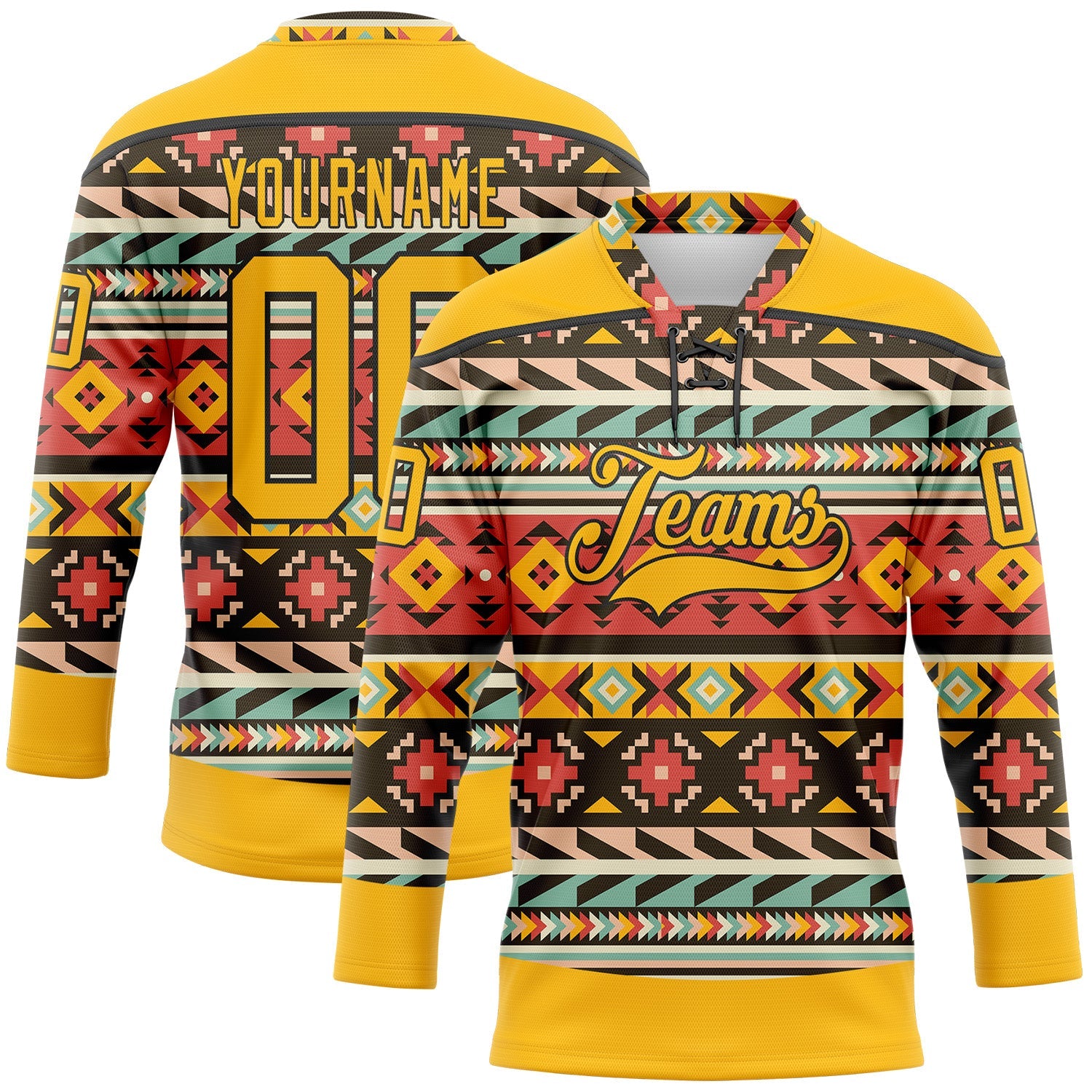 Custom Gold Black 3D Pattern Native Americans Tribal Indigenous People Hockey Lace Neck Jersey - Main View