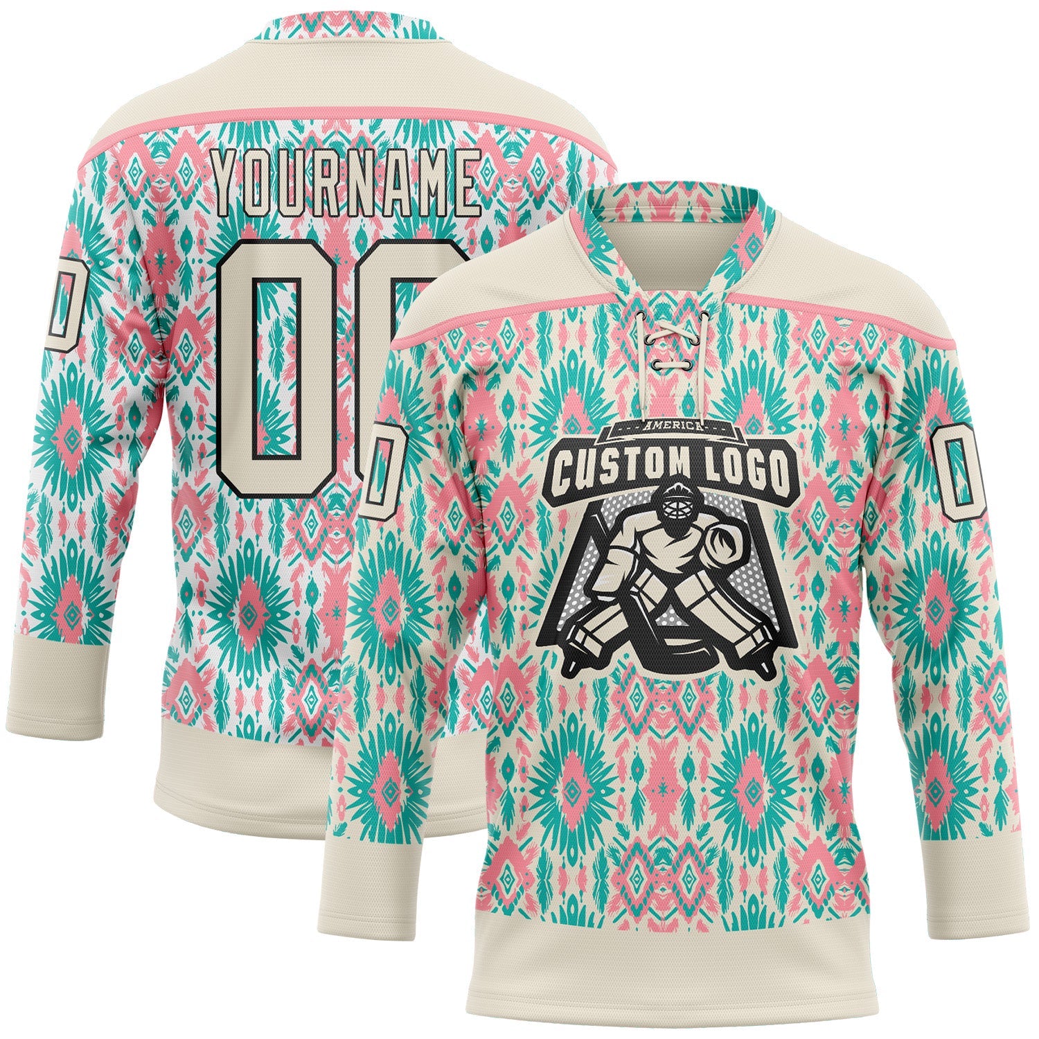 Custom Cream Green Black-Medium Pink 3D Pattern Native Americans Tribal Indigenous People Hockey Lace Neck Jersey view 2