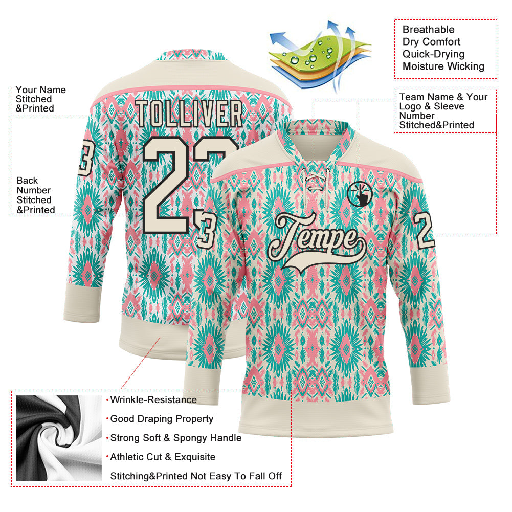 Custom Cream Green Black-Medium Pink 3D Pattern Native Americans Tribal Indigenous People Hockey Lace Neck Jersey view 5