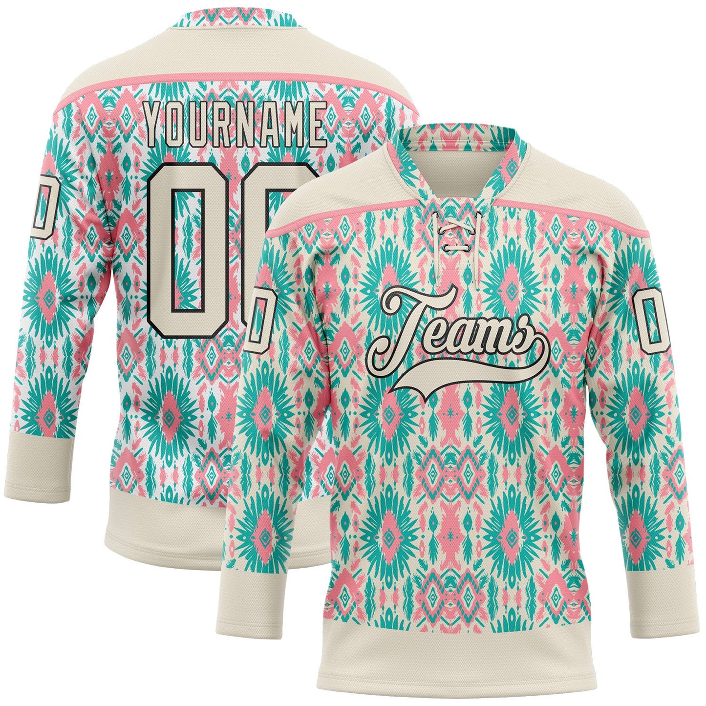 Custom Cream Green Black-Medium Pink 3D Pattern Native Americans Tribal Indigenous People Hockey Lace Neck Jersey - Main View