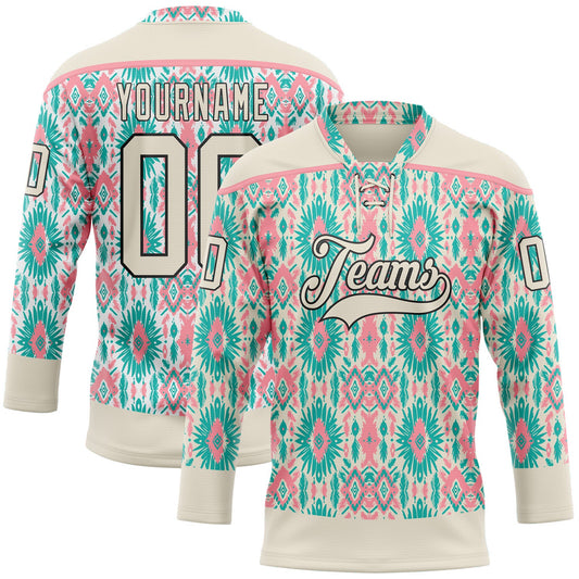 Custom Cream Green Black-Medium Pink 3D Pattern Native Americans Tribal Indigenous People Hockey Lace Neck Jersey - Main View