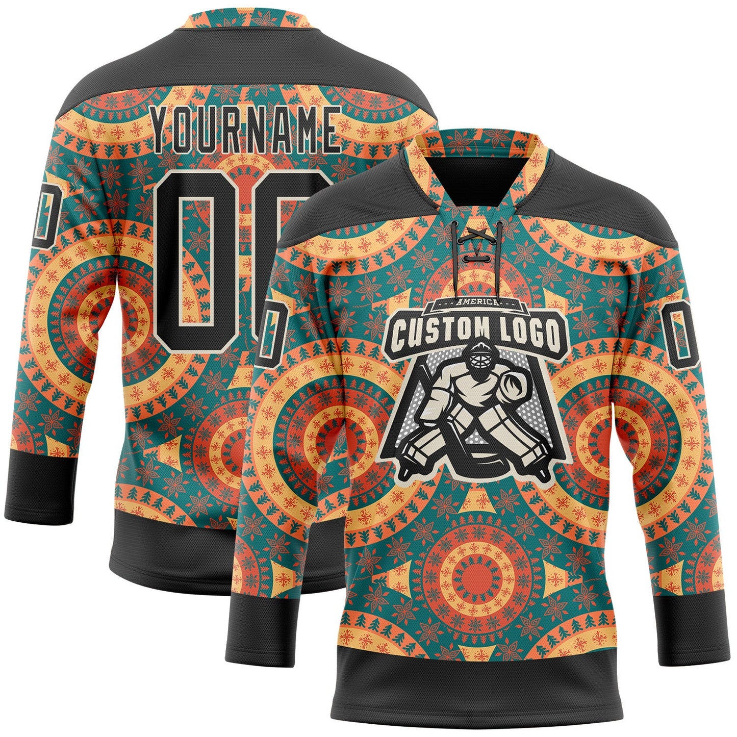 Custom Black Green Orange-Cream 3D Pattern Native Americans Tribal Indigenous People Hockey Lace Neck Jersey view 2