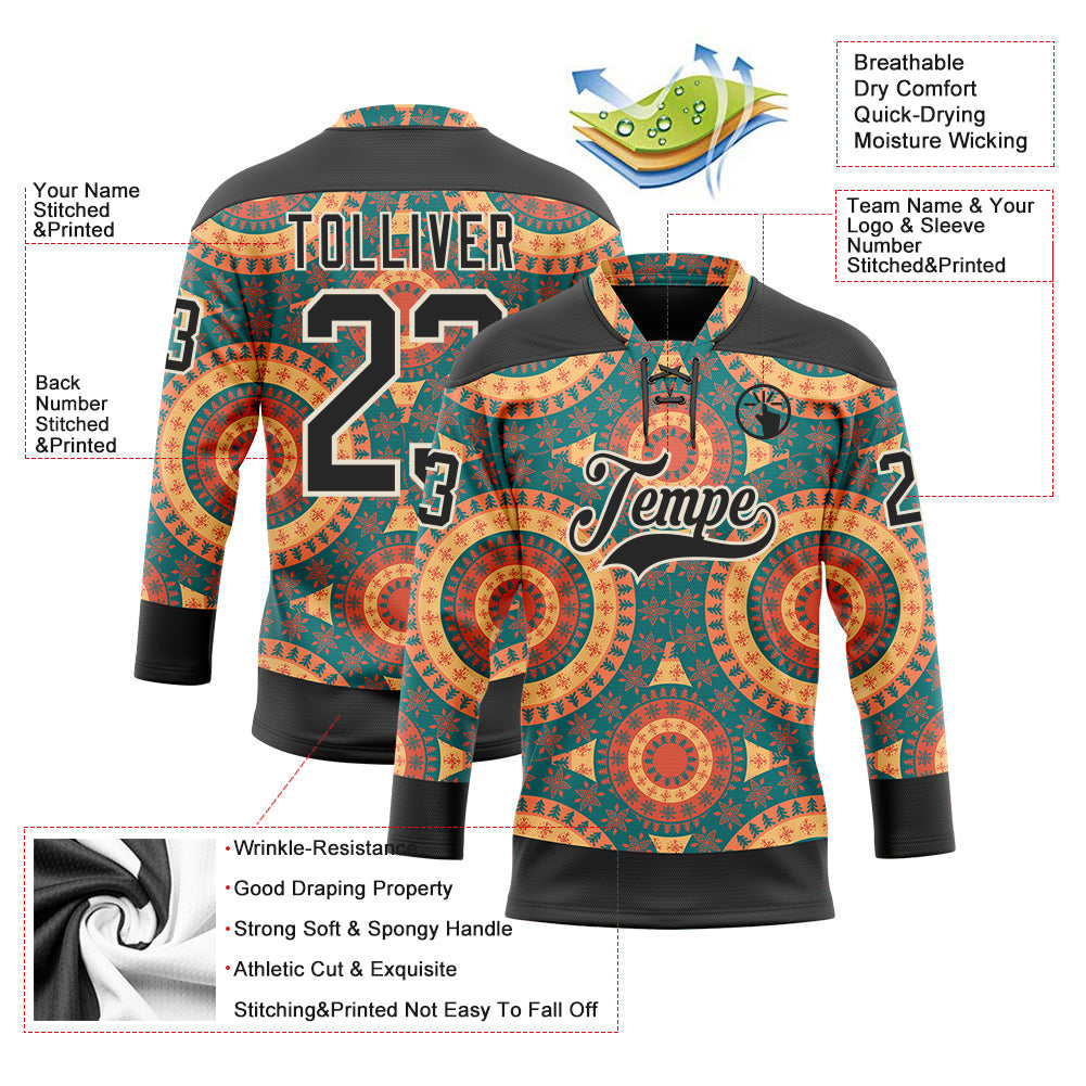 Custom Black Green Orange-Cream 3D Pattern Native Americans Tribal Indigenous People Hockey Lace Neck Jersey view 5