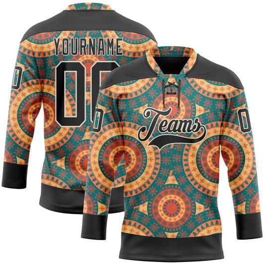 Custom Black Green Orange-Cream 3D Pattern Native Americans Tribal Indigenous People Hockey Lace Neck Jersey - Main View
