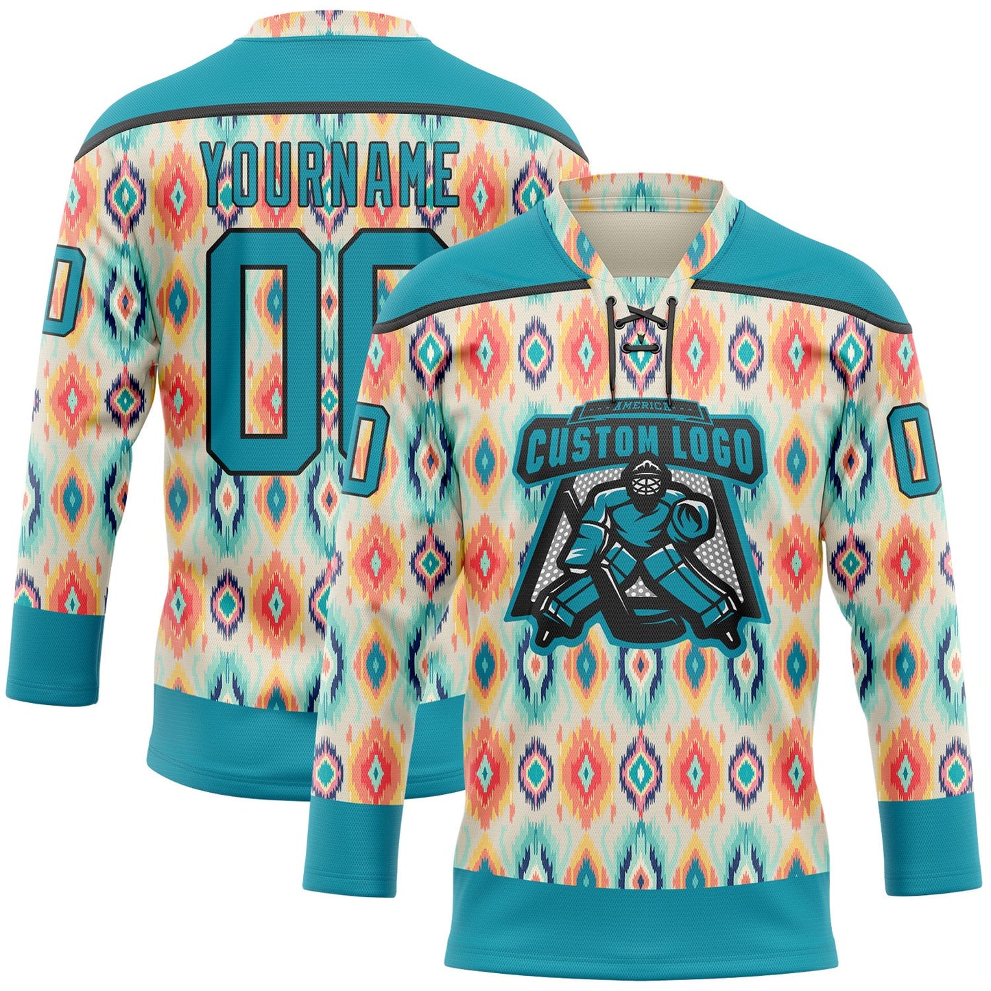 Custom Cream Teal Orange-Black 3D Pattern Native Americans Tribal Indigenous People Hockey Lace Neck Jersey view 2