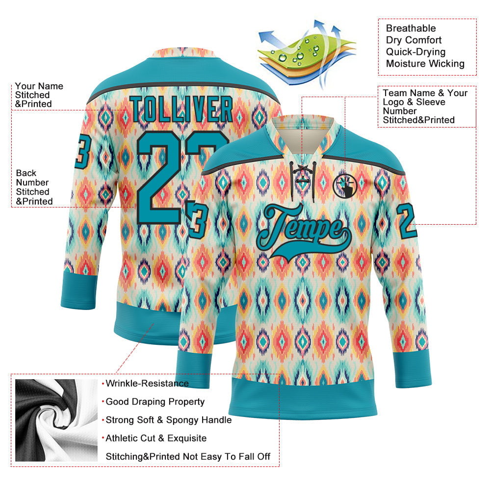 Custom Cream Teal Orange-Black 3D Pattern Native Americans Tribal Indigenous People Hockey Lace Neck Jersey view 5