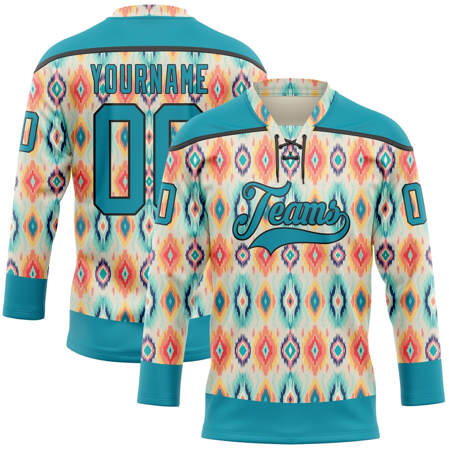 Custom Cream Teal Orange-Black 3D Pattern Native Americans Tribal Indigenous People Hockey Lace Neck Jersey - Main View