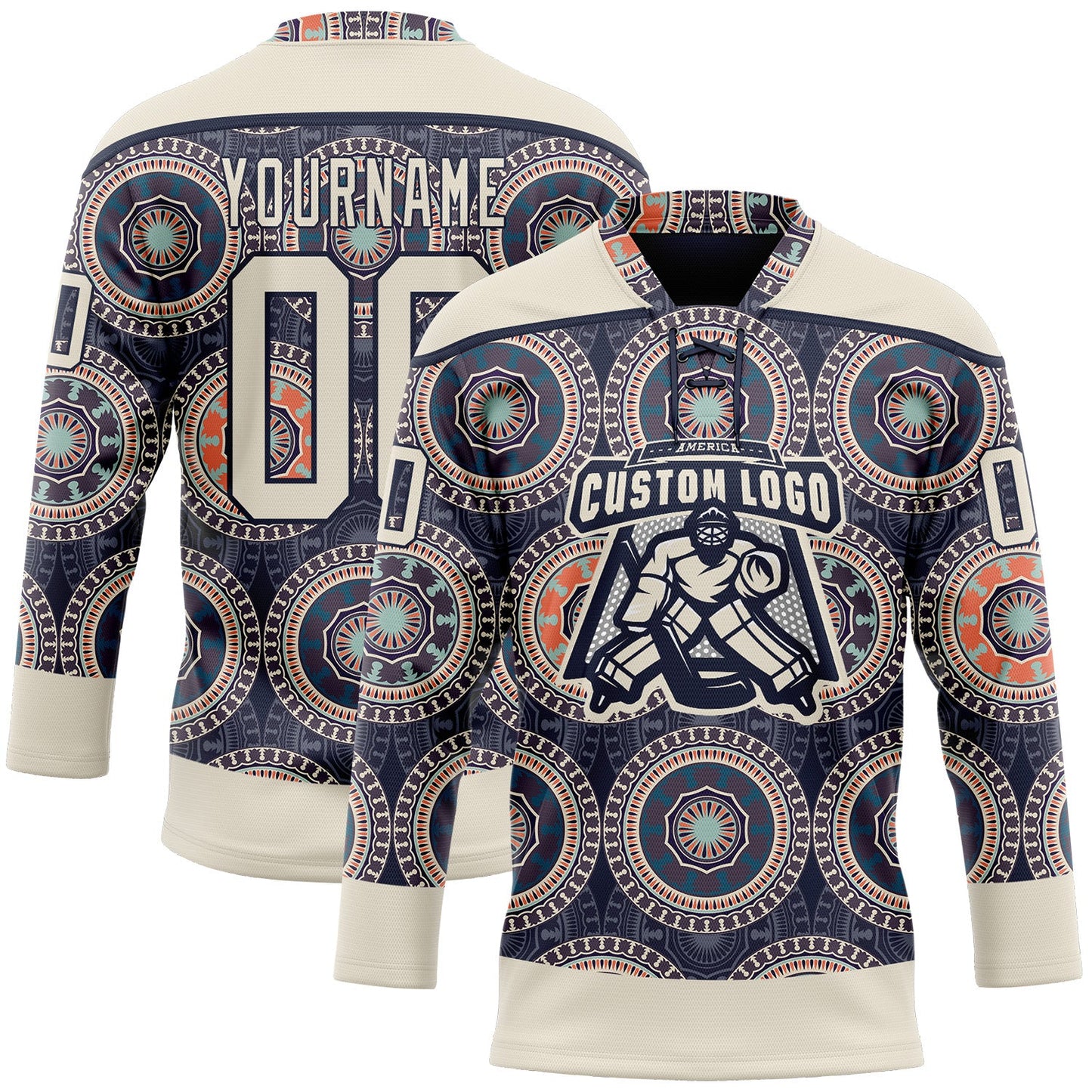 Custom Navy Cream-Orange 3D Pattern Native Americans Tribal Indigenous People Hockey Lace Neck Jersey view 2