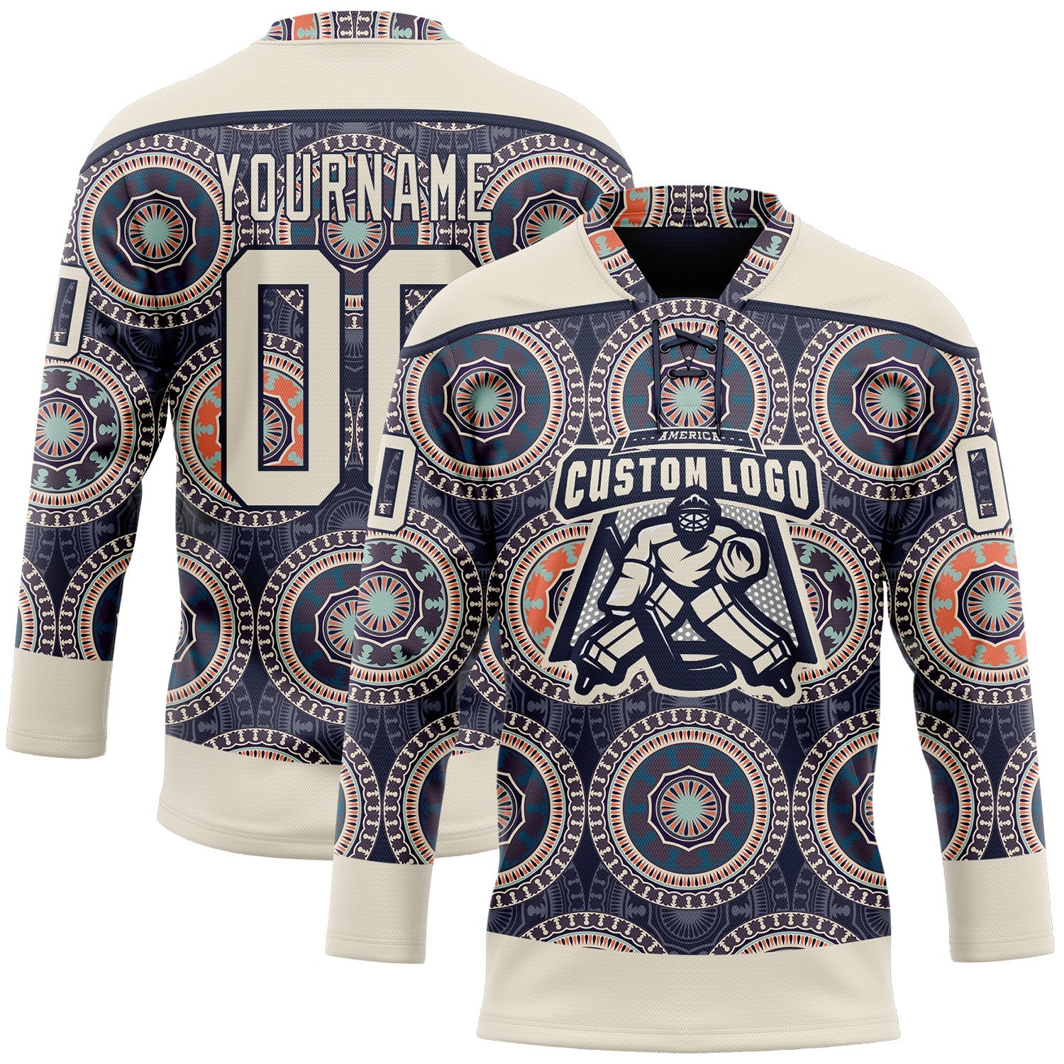Custom Navy Cream-Orange 3D Pattern Native Americans Tribal Indigenous People Hockey Lace Neck Jersey view 2