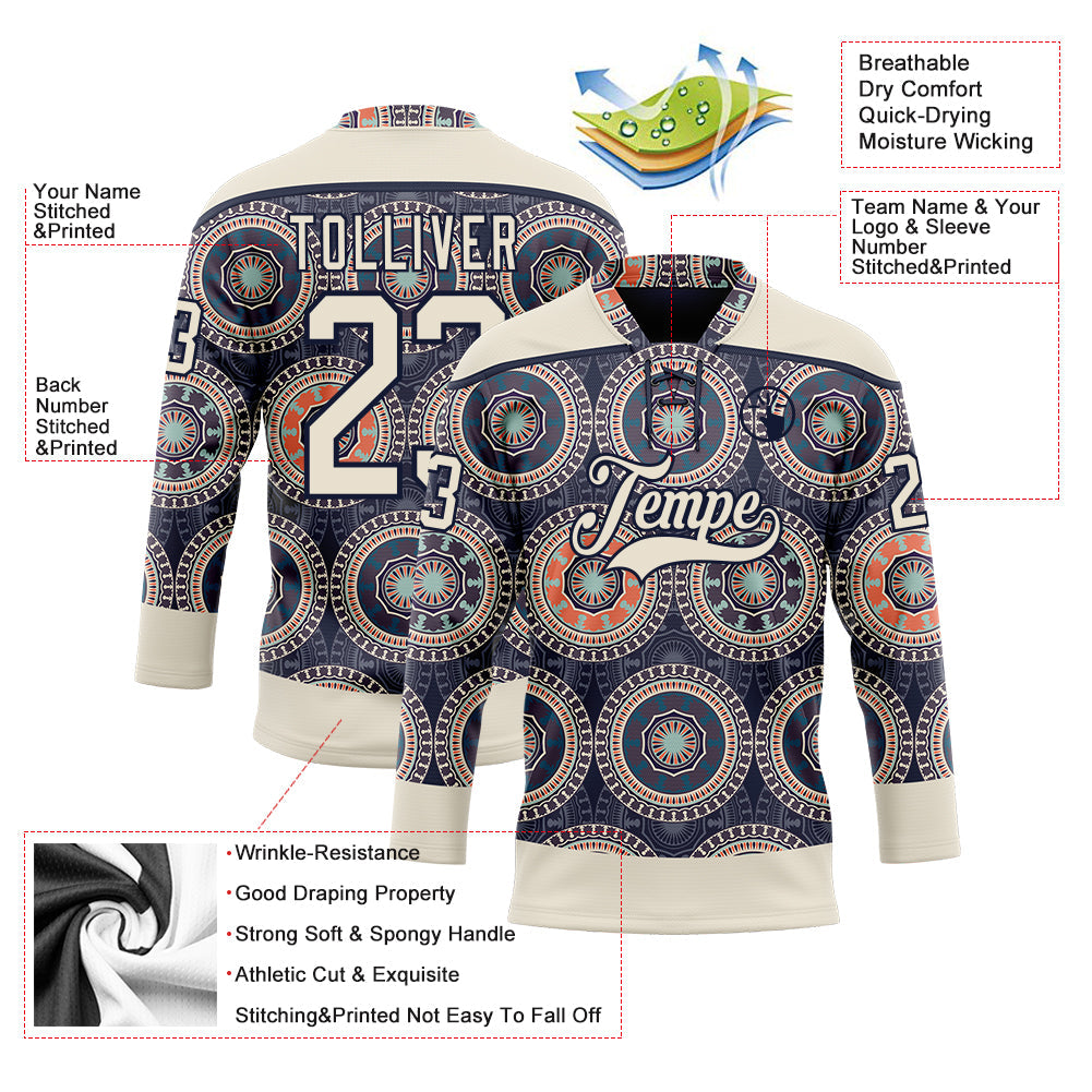 Custom Navy Cream-Orange 3D Pattern Native Americans Tribal Indigenous People Hockey Lace Neck Jersey view 5
