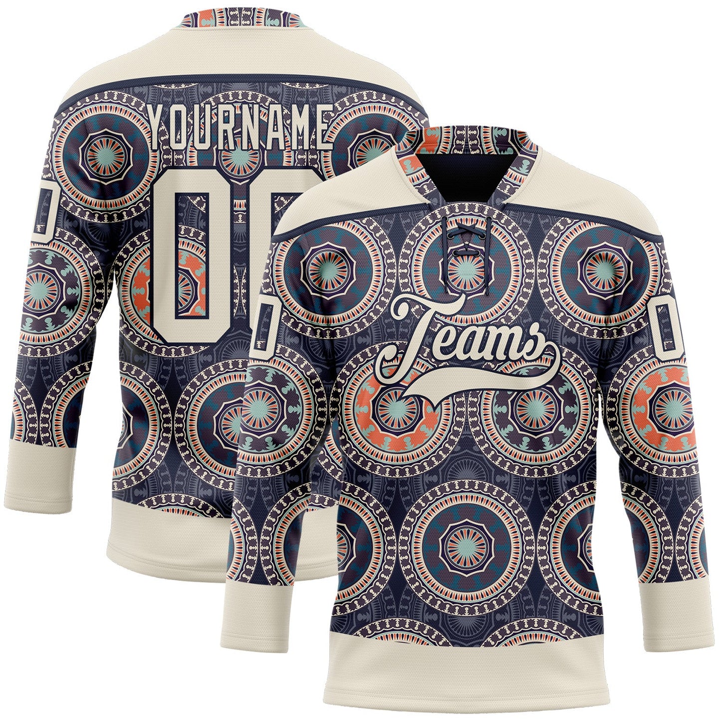 Custom Navy Cream-Orange 3D Pattern Native Americans Tribal Indigenous People Hockey Lace Neck Jersey - Main View
